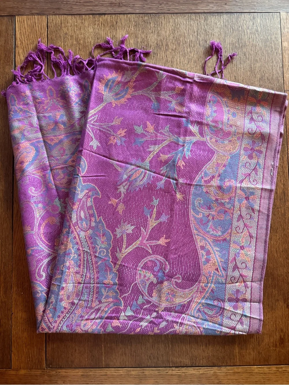 Women’s Silk & Pashmina Scarf Wrap Shawl Purple Paisley 72 x 30 In Fringe EUC